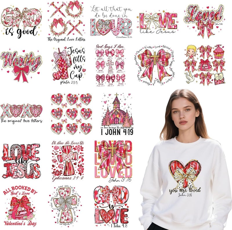 Shejdgart Valentines Dtf Transfers Ready to Press - 20 Pcs Bible Verse Iron on Patches for T-Shirts, Bow Christian Iron on Stickers Heart Hear Heat Transfer Vinyl Decals for DIY Fabric Clothes Decor - Image 1